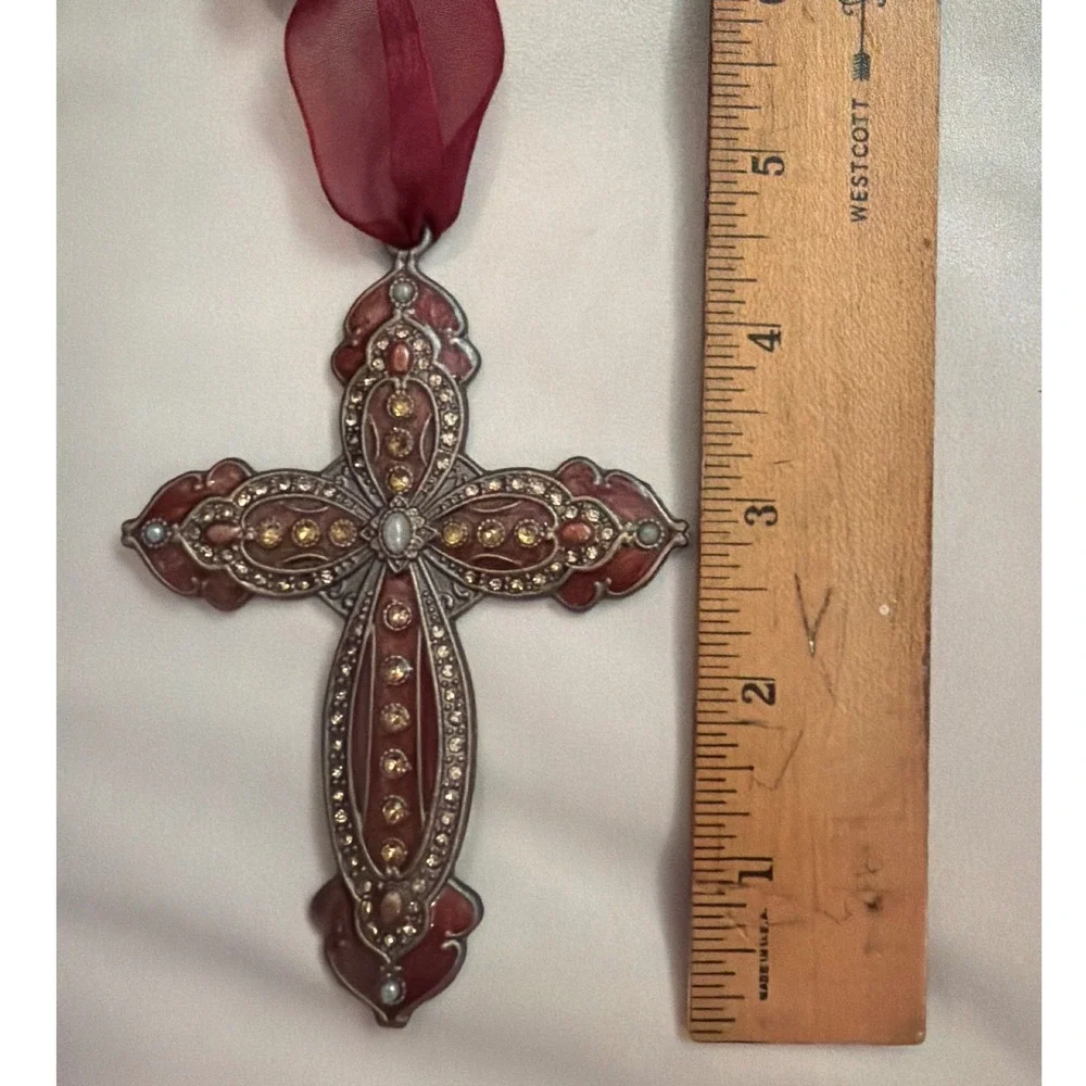 Vintage Ornate Enamel Rhinestone Cross Ornament OS Burgundy Metal Victorian
